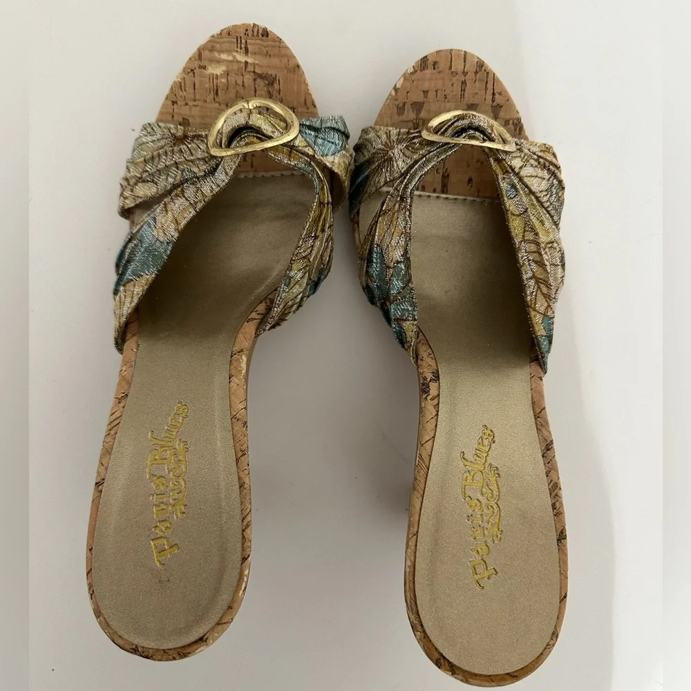 Petals Bling Jacquard Cork-Look Platform Mules Gold Ring Y2K Size 7